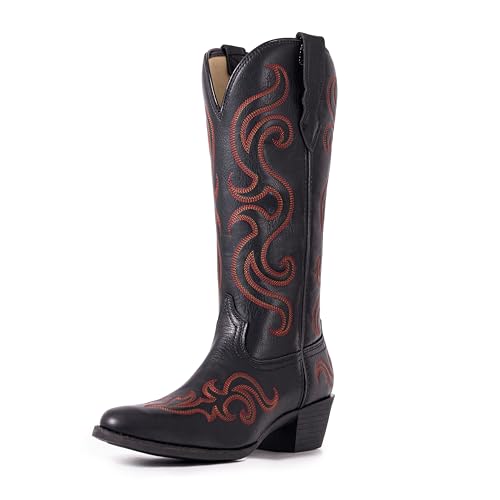 Cowboy Boots for Women Western Cowgirl Boots Classic Ladies Fashion Mid Calf Embroidered Chunky Heel Pointed Toe Boot
