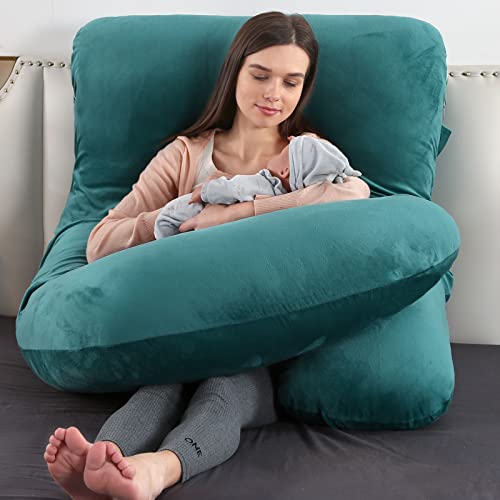 Image of U-Shaped Full Body Pregnancy Pillow for Sleeping - 57 inch Maternity Pillow with Removable Cover, Support for Back, Legs, Belly & Hips (Velvet-Dark Green)