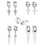 5 Pairs Punk Hip-hop Stainless Steel Silver Dagger Geometric Triangle Cross Sword Dangle Surgical Huggie Hoop Earrings Set Gift for Men Women Teen (Silver)