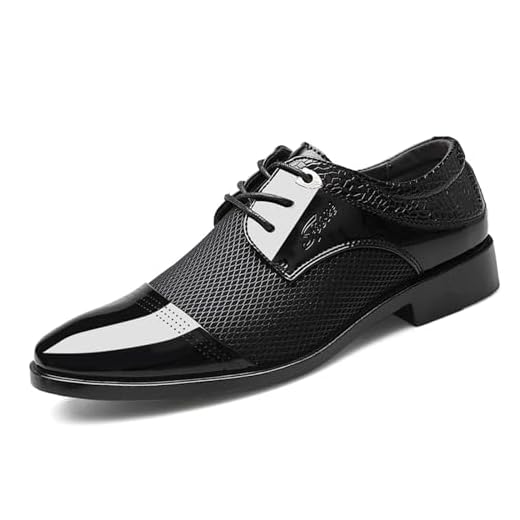 Sapato social masculino de couro envernizado, casual, Oxford com cadarços, sapatos formais de negócios, smoking e escritório para homens, Preto, 44