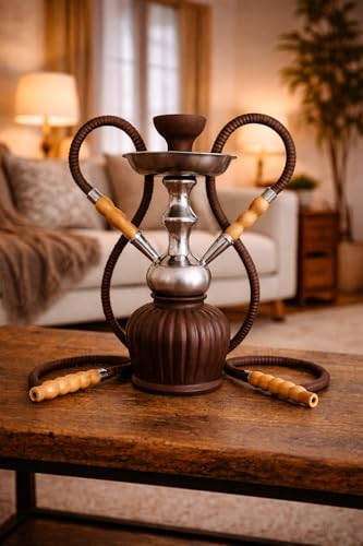 Image of FAB HOME DECOR QT Econo Dual Hose Hookah | Designer Double Pipe Aluminium Stem 12 Inch Glass, Steel Hookah Set For Heavy Smoke | Perfect for Party Lovers (Brown)