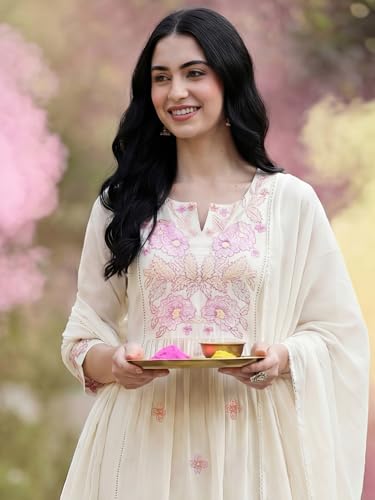 Image of INDO ERA Women's Floral Embroidered A-Line Pure Cotton Kurta Pant with Dupatta Set