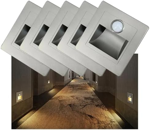 5Pcs Motion Sensor LED Stair Lights, 3000K Warm White, 3W Indoor Recessed Step Wall Lamps, Elegant Silver Night Lighting for Bedroom, Safe & Stylish Home Decor