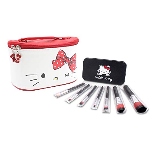 Finex Hello Kitty White Bucket Oval Cylinder Shape Cosmetic Bag with Double Hellokitty Bow metal Zippers and Brushes in Tin Box Set