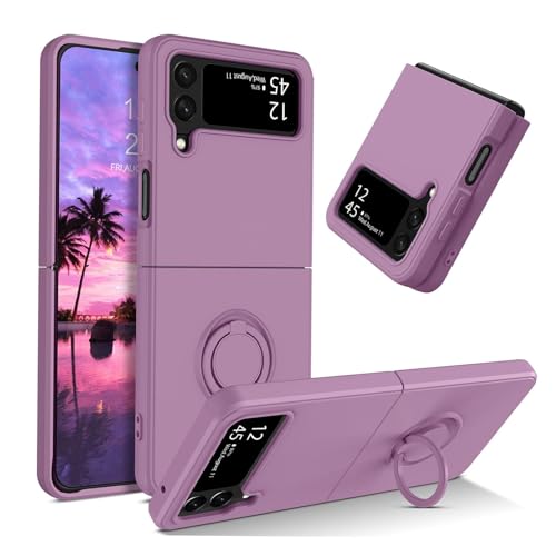 Keyihan Funda para Samsung Galaxy Z Flip 4 (5G) con Soporte Anillo de 360°+ Cuerda Lanyard Correa de muñeca Silicona líquida Suave Carcasa Fina (Púrpura de Cerezo)