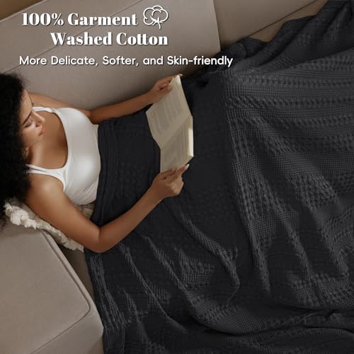 Image of PHF 100% Cotton Waffle Blanket Queen Size for Bed, Lightweight Breathable and Soft for Summer, Luxury Aesthetic Waffle Weave Blanket for Home Decor & Gifts for Women, 90 inchx90 inch, Black