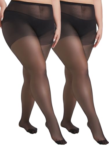 VivaCurve Plus Size Sheer Tights for Women 20D Control Top Pantyhose Soft Stockings with Reinforced Toes 2 Pairs, Black, 3X-Large-4X-Large