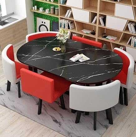 Moderno juego de mesa de comedor de 7 piezas con 6 sillas, mesa de comedor ovalada para cocina, salón, mesa de café, sala de reuniones, muebles