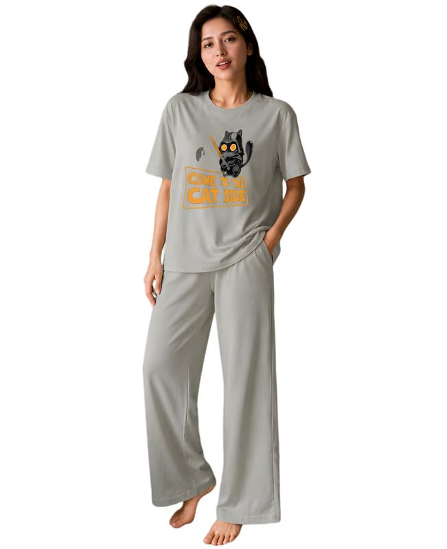 elvia Women's Pure Cotton Top and Pyjama Co-Ord Set | Printed Night Suit | Regular Fit Half Sleeve Round Neck T-Shirt with Pajama Loungewear Sleepwear Set for Women (Grey, S)-picture-21