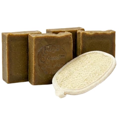 Aleppo Soap Bar - The Original Handmade with Olive Oil and Laurel Oil using Traditional Method - 4 Pack (7 Oz Total) | Aromatherapy, Spa, Self Care Gift Set with Natural Loofah