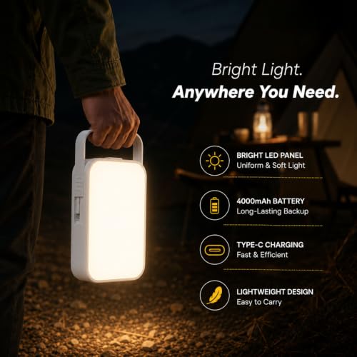 Image of Lexton LiteHouse Rechargeable Emergency Light | 12W Bright LED | 4000mAh Li-Ion Battery | Up to 10 Hours Backup | 3 Light Modes | Type-C Charging + Power Bank | for Home, Office, Camping & Travel