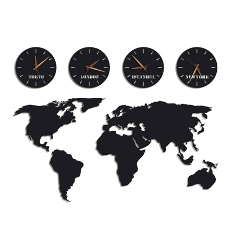 HUFA CONCEPT Metal World Map Wall Art with Custom 4 Time Zone Clocks 1.5 mm Large Office Steel Wall Decor - 27.5x55.1 World Map and 11 Wall Clock