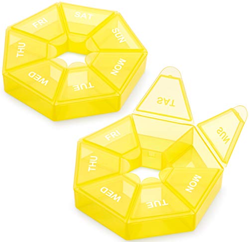 Weekly Pill Organizer, 2 Pack Portable Pill Box Medicine case 8 Colors (Seven Day) New Edition for Vitamin/Fish Oil/Pills/Supplements-Arthritis Friendly (Yellow)