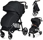 HONEY JOY Poussette bébé, pliable High Landscape Carrier pour bébé avec couverture de pied, dossier réglable & Canopie, roues de suspension & Panier de rangement, Poussette poussette pour garçons (Noir)