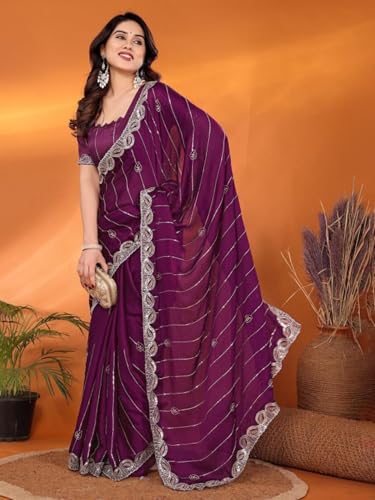 Image of Womens Crunchy Saree With Stone And Zari Work And Scalloped Cut Work On The Border With Blouse 5.5 Meter Saree 0.8 Meter Unstitched Blouse Piece