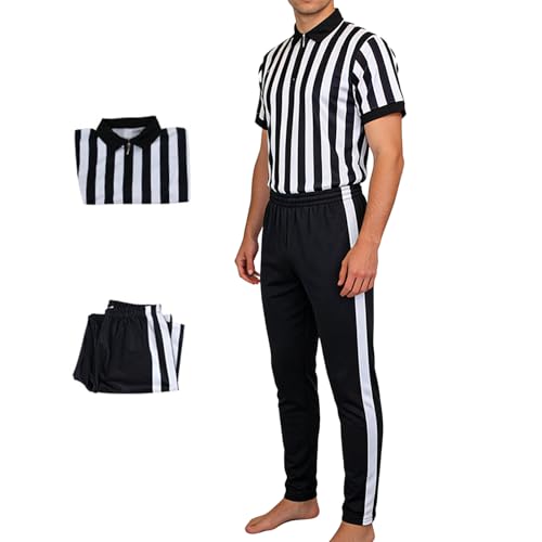 Uniforme d'arbitre à rayures noires et blanches avec col en v et pantalon pour sport