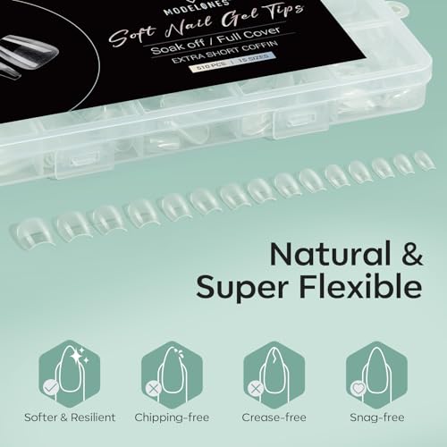 Image of Modelones Extra Short Coffin Fake Nail Tips - 510Pcs Gel Tips Pre-shaped Half Matte Full Cover Clear Acrylic Gel Kit False Press on Nails for Extension DIY Salon 15Sizes
