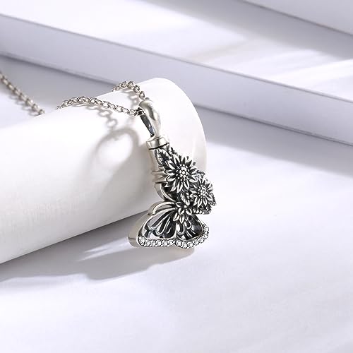 APOTIE Silver Butterfly Sunflower Urn Necklace - S925 Butterfly Ashes Keepsake Cremation Jewelry Memorial Gifts for Women Loss Loved One2