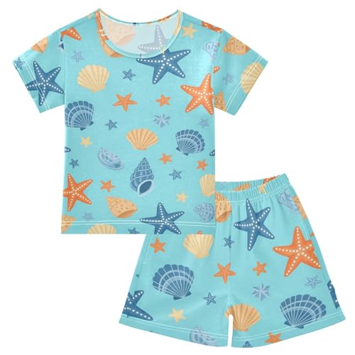 2-Piece Cotton Pajama Set Seashell Starfish Pattern Print Short Sleeve Sleepwear Soft PJS Set Size 6 Years
