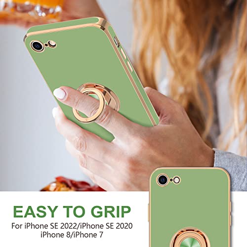 Image of Hython for iPhone SE Case 2022 /2020, iPhone 8 7 Case Ring Holder Stand Magnetic Kickstand, Plating Rose Gold Edge Soft TPU Bumper Cover Shockproof Protective Phone Cases Women Girls Boys, Light Green