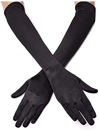 DreamHigh Women's Evening Party Mittens 21" Long Black/White Satin Finger Gloves