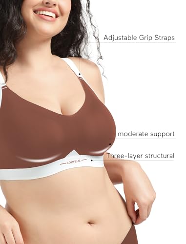 COMFELIE Wireless Bralette No Underwire Seamless Bra Lined Padded Lightweight Deep V Neck for Large Bust Breathable Support Brown