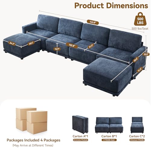 Image of 143.8 inch Modular Sectional Sofa Modern Chenille U Shaped Couch with Thickened Seat Cushions, Easy Assembly, Upholstered 6 Seater Couch with 2 Movable Ottomans for Living Room, Blue