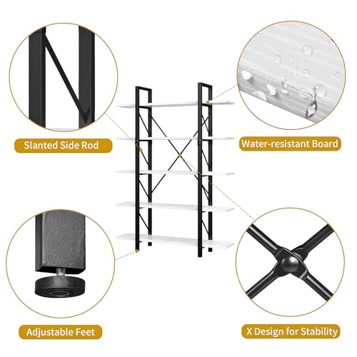 DWVO 5 Tier Tall Bookshelf, 12" D x 47" W x 71" H Large Industrial Book Shelf Vintage Bookcase for Living Room, Bedroom, Home Office, Free Standing Storage Shelving Unit, White