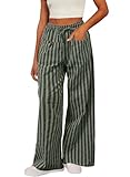 Acelitt Womens Casual Striped Color Block Pants Drawstring Elastic Waist 2024 Winter Fashion Comfy Loose Wide Leg Pants Trousers with Pockets Green XL
