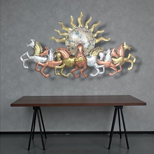 Image of iHandikart 7 Running Horses with Sunrise Wall scultpure | Metal Wall Art | Large Vastu Horses Wall Decor for Living Room | Modern 3D Metal Wall Art for Home, Office & Hall | Multicolor Horse Wall Art