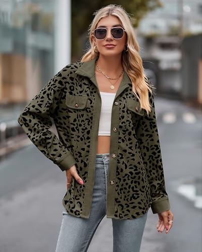 Shackets for Women 2024 Corduroy Leopard Jacket Button Down Long Sleeve Blouses Lightweight Fall Jacket Casual Coat2
