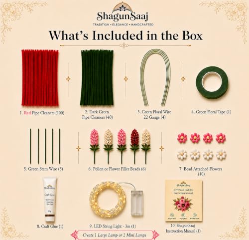 Image of ShagunSaaj Pipe Cleaner Flower Showpiece with LED DIY Kit for Adult & Kids Craft DIY, Aesthetic Home Decor, Office Desk Decor, Personalised Gifting, Non Withering Flowers (Red)