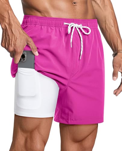 Gleeease Swim Trunks with Compression Liner Swimwear for Men 5 Inch 2 in 1 Stretch Quick Dry Comfort Drawstring Soft Funny Lined Solid Pink Zipper Pockets Beach 4-Way Breathable XL