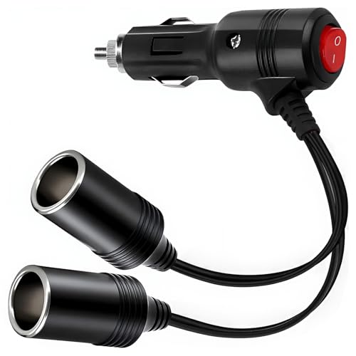 Yuio 1 a 2 Toma Mechero, 12V/24V Cable de Extensión para Mechero de Coche, Doble Encendedor Cigarrillos con Interruptor y Fusible 15A, Enchufe Adaptador de Conector para Caravana Barco Camper Motos