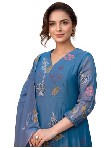 Image of GoSriKi Women's Rayon Viscose Embroidered Anarkali Kurta with Pant and Dupatta | Three Piece Ethnic Kurta Set for Women with Elegant Design