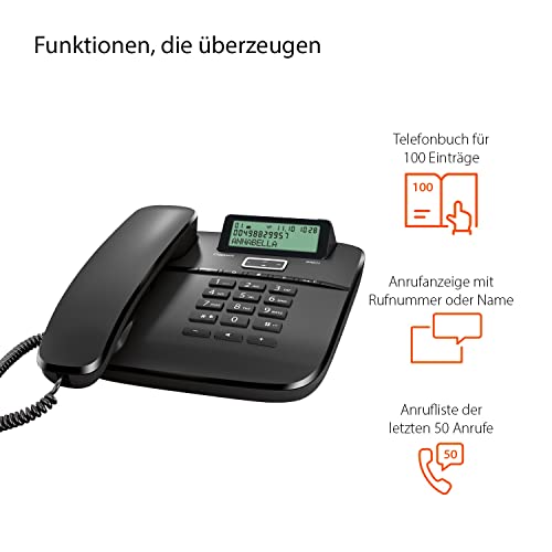 Gigaset DA611 - Schnurgebundenes Telefon mit Freisprechfunktion - Telefonbuch mit VIP-Kennzeichnung - Kurzwahl-Einträge - Anrufanzeige (CLIP) - Anrufliste - Tastensperre, schwarz