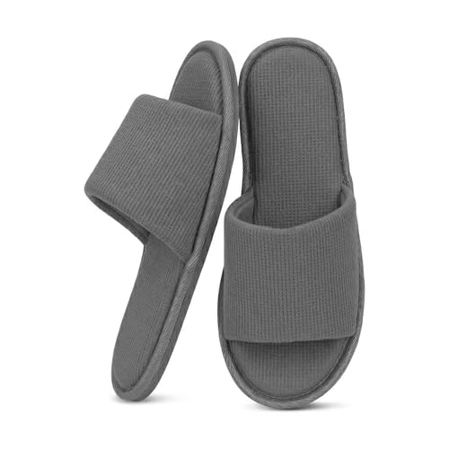 Image of Women's Open Toe House Slippers - Breathable Waffle Fabric, Memory Foam Cushioning, Slip-On Summer Indoor Slippers, Non-Slip TPR Sole, Easy Care