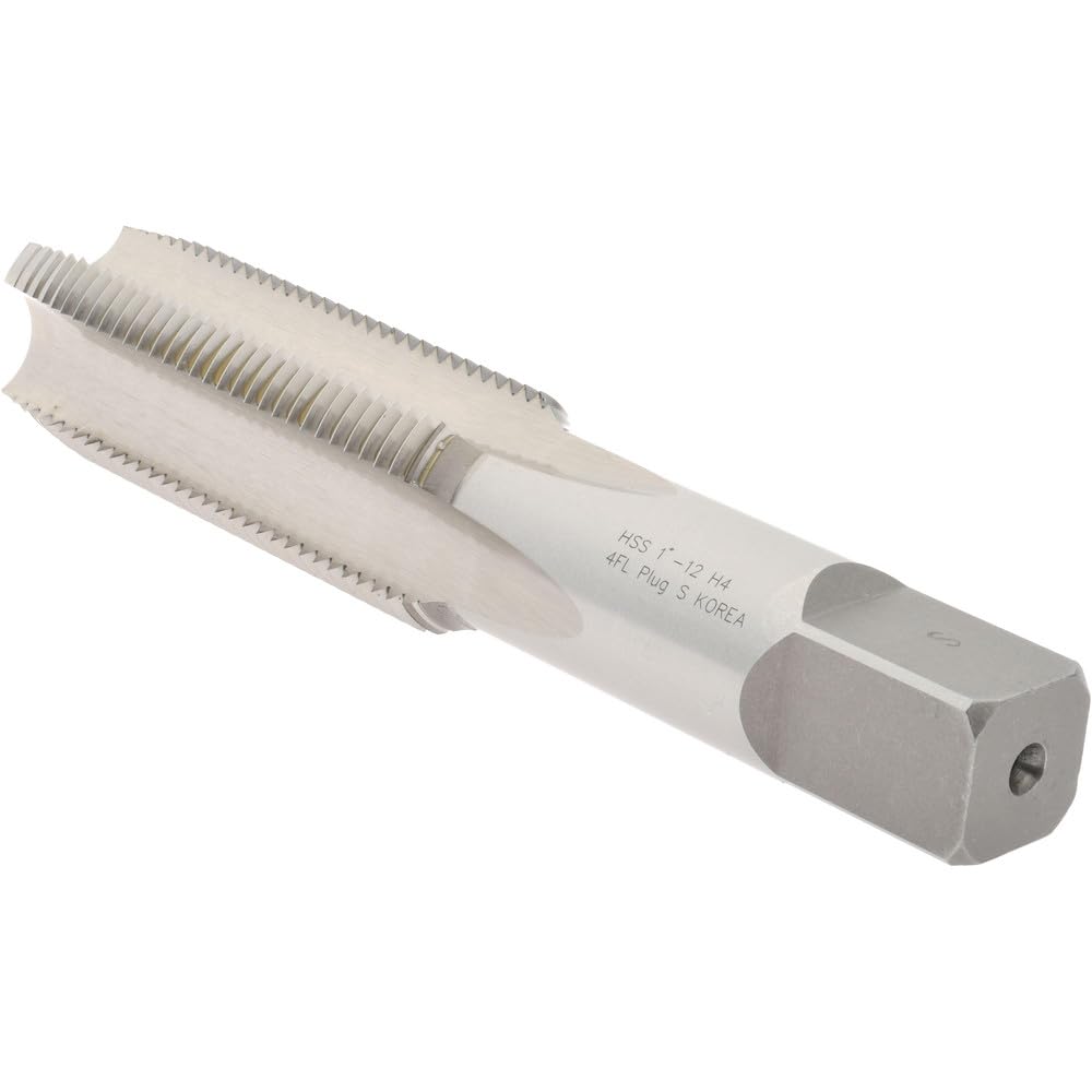 Hertel Straight Flute Tap, 1-12 UNF, 4 Flute, Plug Chamfer, High-Speed Steel, Bright/Uncoated Finish, 5-1/8" OAL, Right Hand, 3B Class of Fit