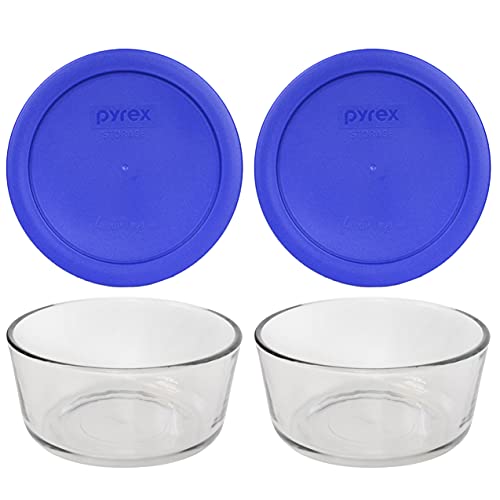 Pyrex 7201 4 Cup Glass Bowls & 7201-PC Cadet Blue Food Storage Replacement Lids (2-Pack) - Made in USA