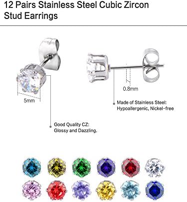 12 Pairs Stud Earrings Stainless Steel Ear Studs Round Cubic Zircon Earring for Women Girls, 12 Colors