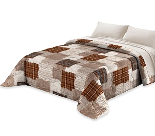 Tata Home Trapunta Invernale Singola Imbottita 300 gr/mq Piumone Caldo Letto 1 Piazza 160x260 cm Fantasia a Quadri Made in Italy Colore Panna Marrone