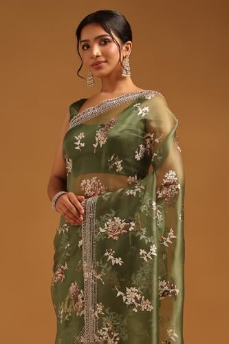 Image of Soch Womens Organza Floral Saree With Stone Work