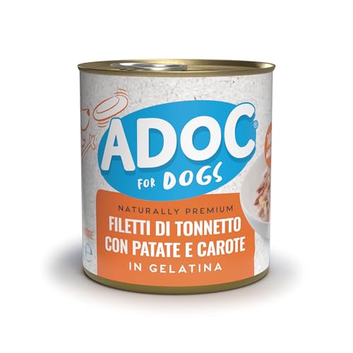 Adoc Naturally Premium, Alimento Umido Complementare per Cani, Filetti di Tonnetto con Patate e Carote, 16 Lattine da 285 g, in Gelatina, Senza Conservanti e Coloranti