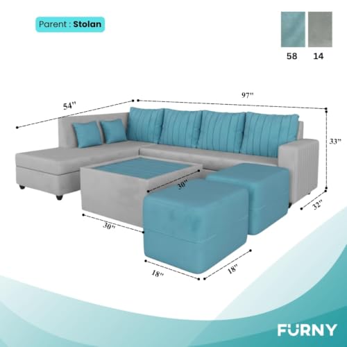 Image of CASASTYLE Stylano 8 Seater Fabric LHS L Shape Sofa Set with 1 Centre Table & 2 Ottoman (Sky Blue -Light Grey) 8-Person Seating with Premium Velvet Finish