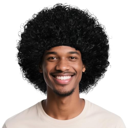 Sdfvsdg Unisex Short Fluffy Afro Funny Wigs for Women Men Curly Disco Hippie Clown Wig for Costume Cosplay Halloween Party (Black)