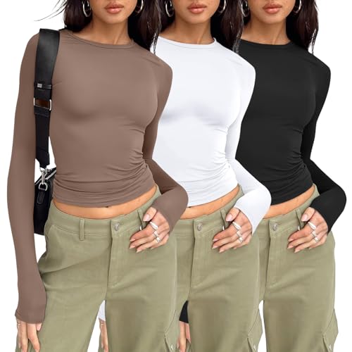 Image of AUTOMET 3 Pack Womens Long Sleeve Crop Tops Basic Fitted T Shirts Slim Fit Crew Neck Y2K Layering Tees