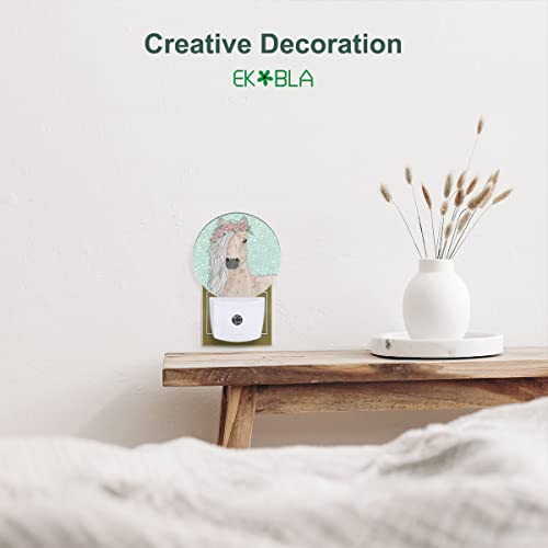 Image of EKOBLA Watercolor Horse Night Light, Horse with Floral Wreath Night Lights Plug Into Wall with Dusk to Dawn Sensor for All Ages