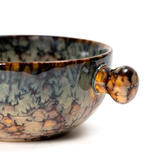 Image of Beyond Homes Ceramic Snack Bowl with Handle, 18 cm | Microwave and Dishwasher Safe Ceramic Serving Bowl for Pasta, Soup, Snacks | Matte Finish, Set of 2 (Abstract Brown, 500 ml)