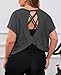 Fisoew Womens Plus Size Open Back Workout Tops Backless Short Sleeve Athletic Shirt Running Crop Top Gym Yoga T-Shirt Dark Grey