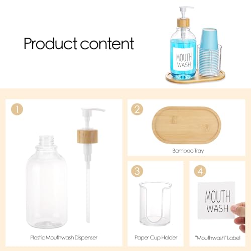 Image of Mouthwash Dispenser with Cup Holder, Plastic Mouth Wash Pump Bottle with Tray for Bathroom Organizers, 17oz Refillable Clear Mouthwash Container - Bamboo